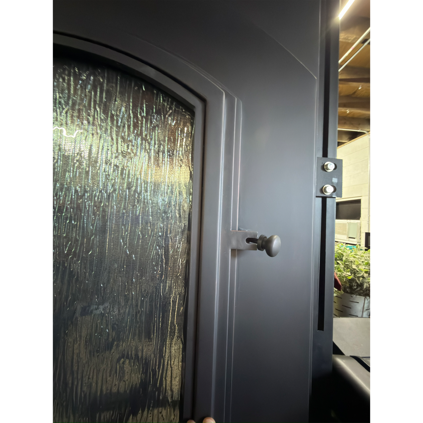 Center Crest Iron Door – Arched Single Security Door with Rain Glass & Screen