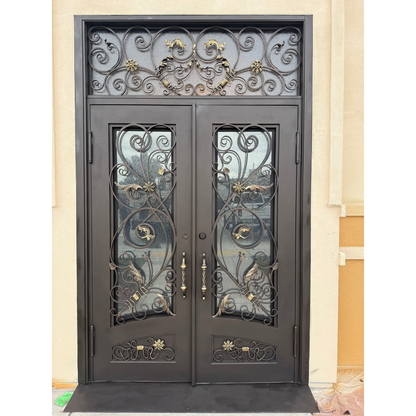 Black wrought iron double door with decorative glass panels