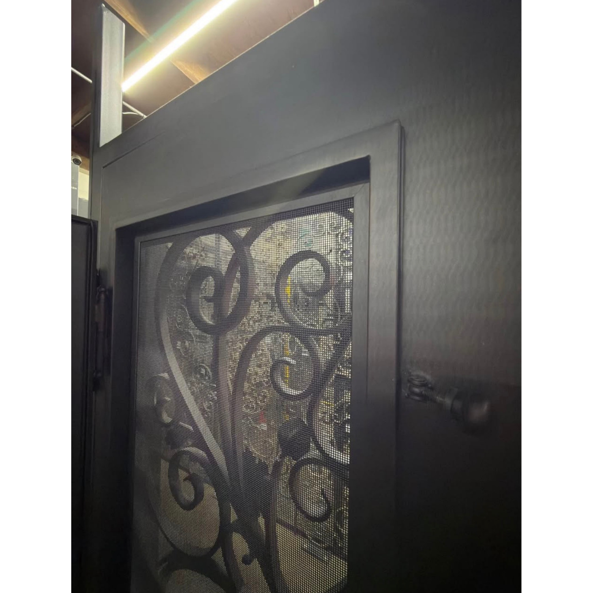 Decorative metal screen door with intricate designs