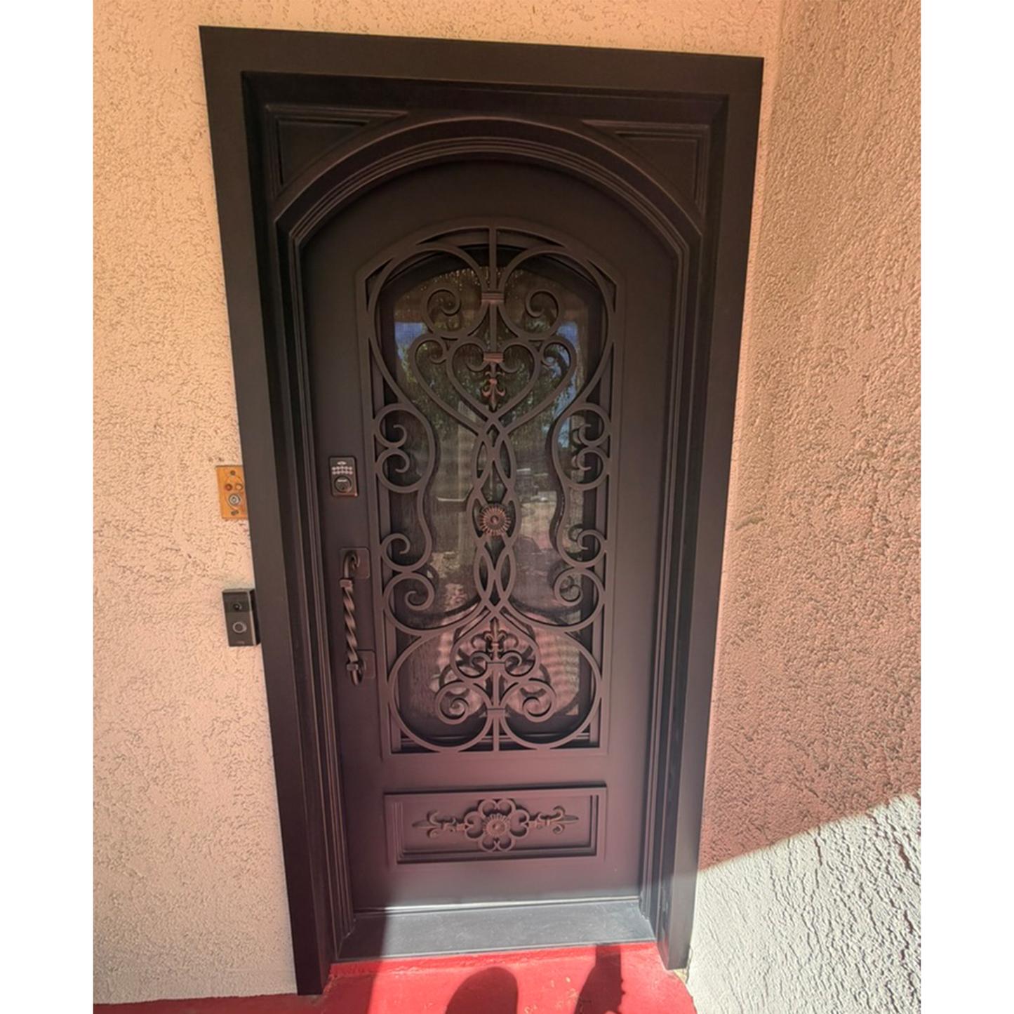 Decorative iron door with intricate designs on a building facade.