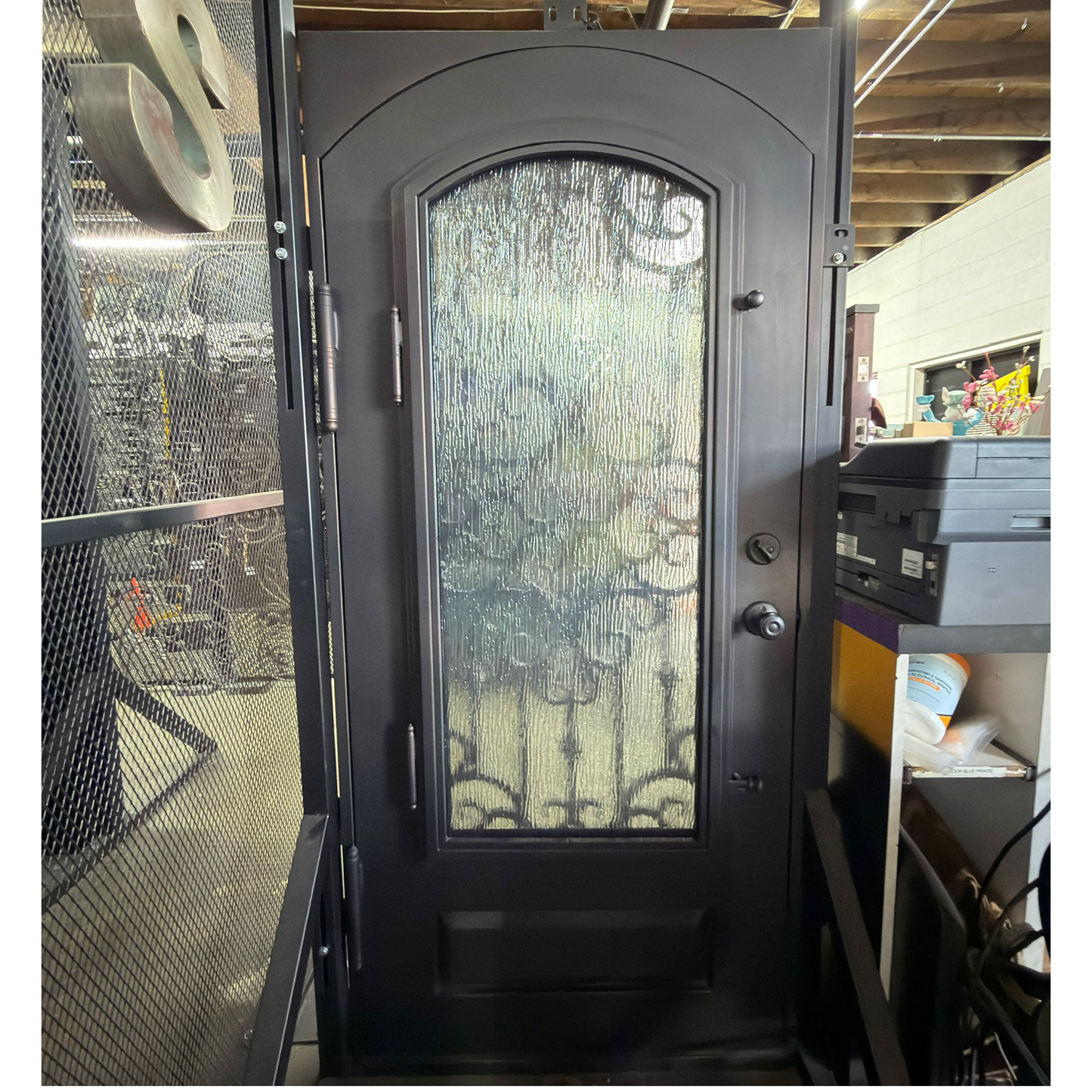 Center Crest Iron Door – Arched Single Security Door with Rain Glass & Screen