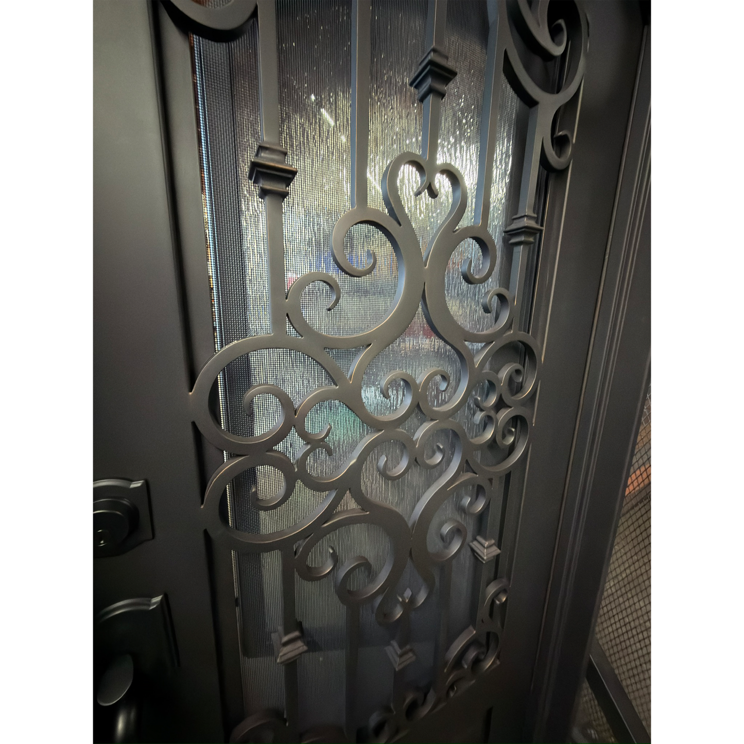 Center Crest Iron Door – Arched Single Security Door with Rain Glass & Screen