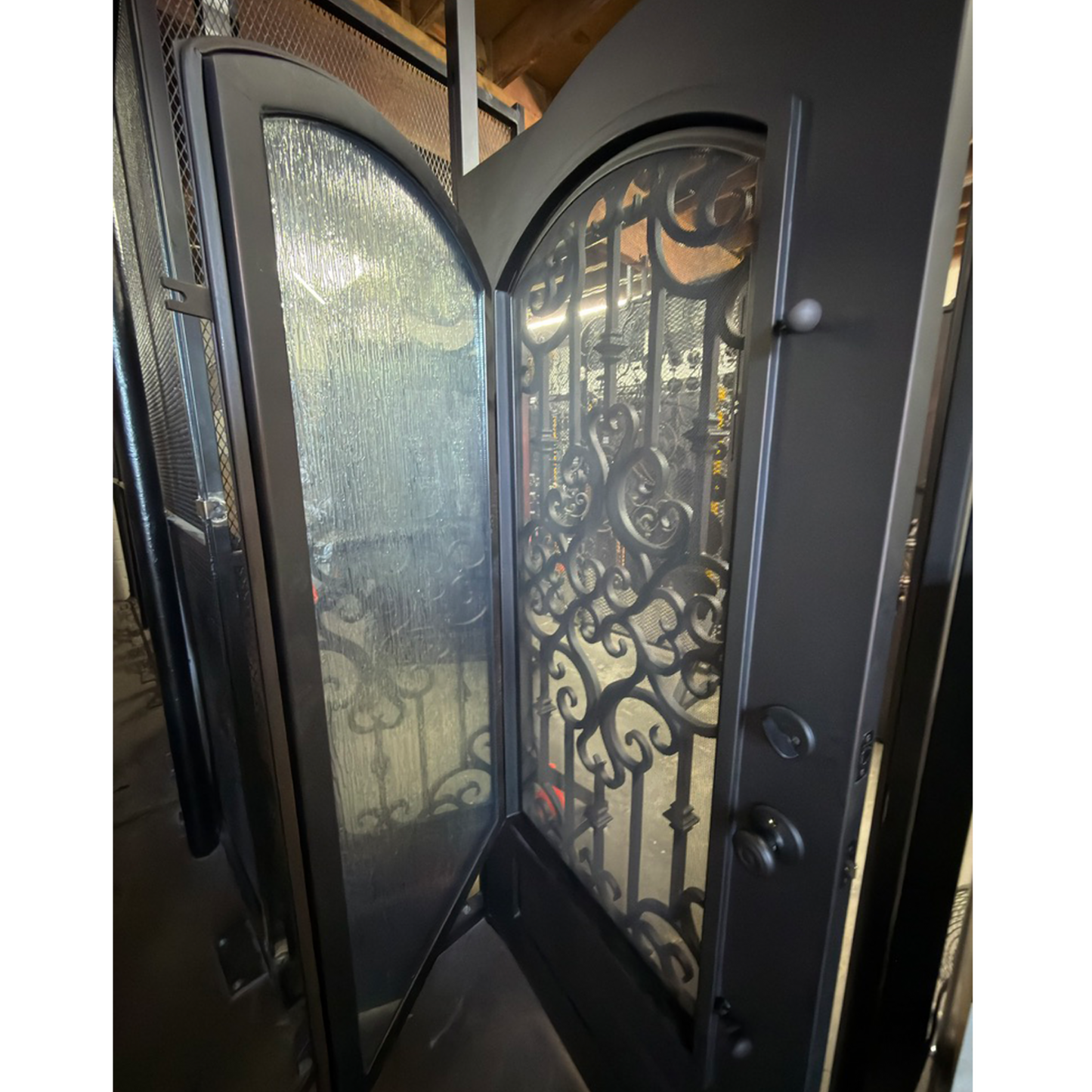 Center Crest Iron Door – Arched Single Security Door with Rain Glass & Screen