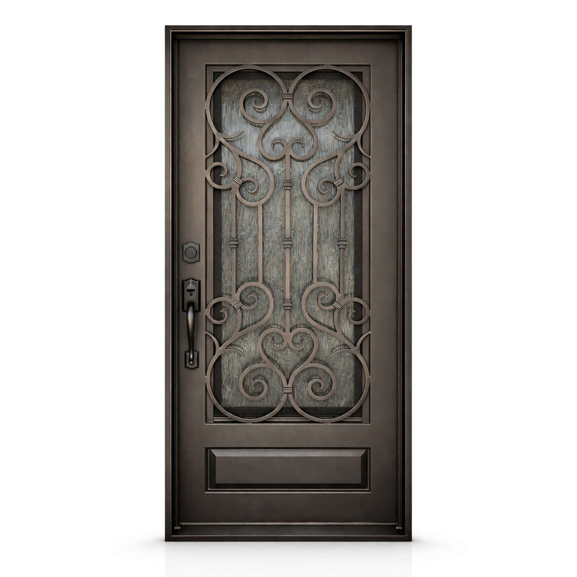 Decorative wrought iron door with intricate patterns on a white background