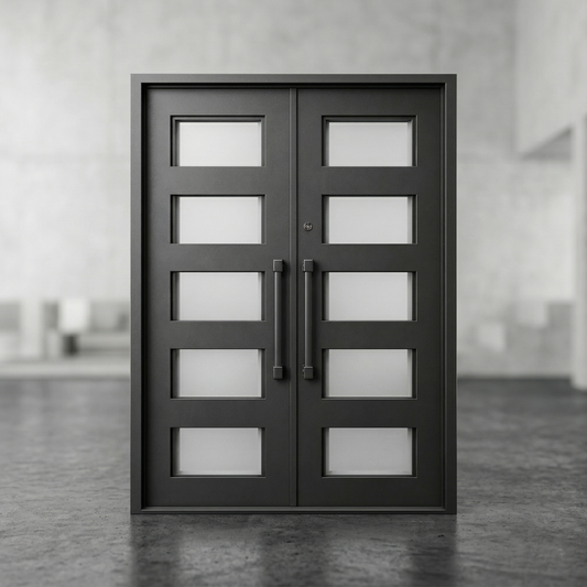 Black double door with glass panels in a modern interior setting
