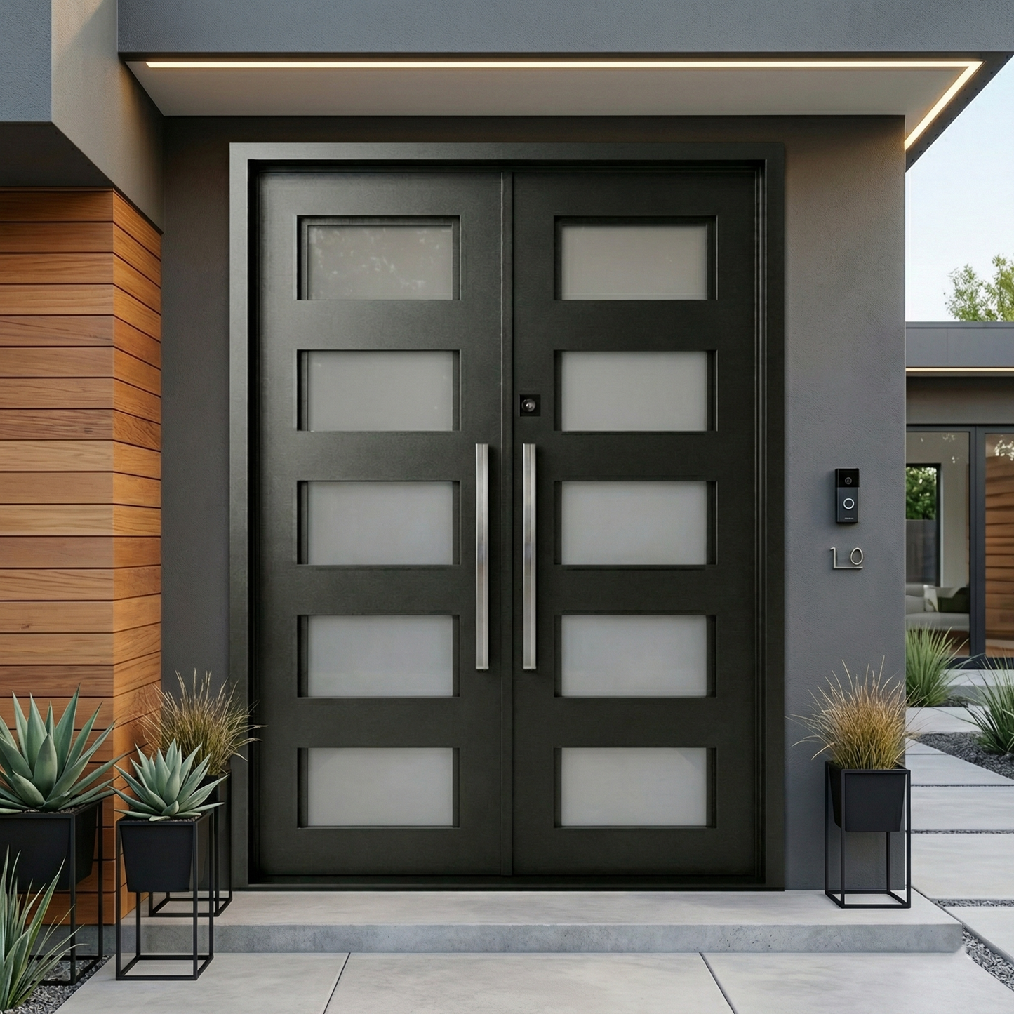 Modern black double door entrance with decorative plants on a house exterior.