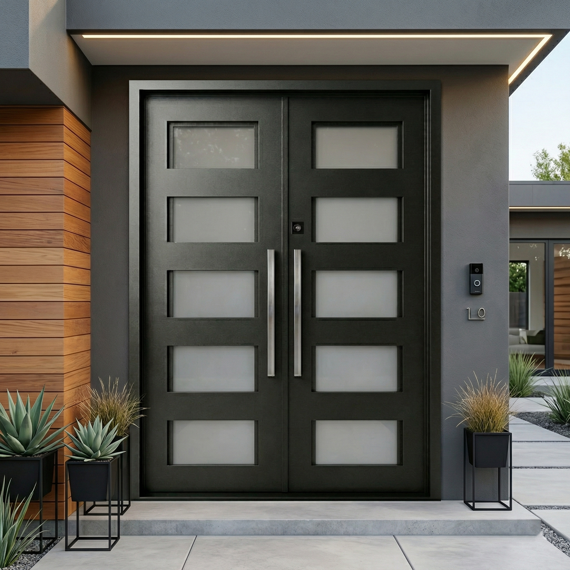 Modern black double door entrance with decorative plants on a house exterior.