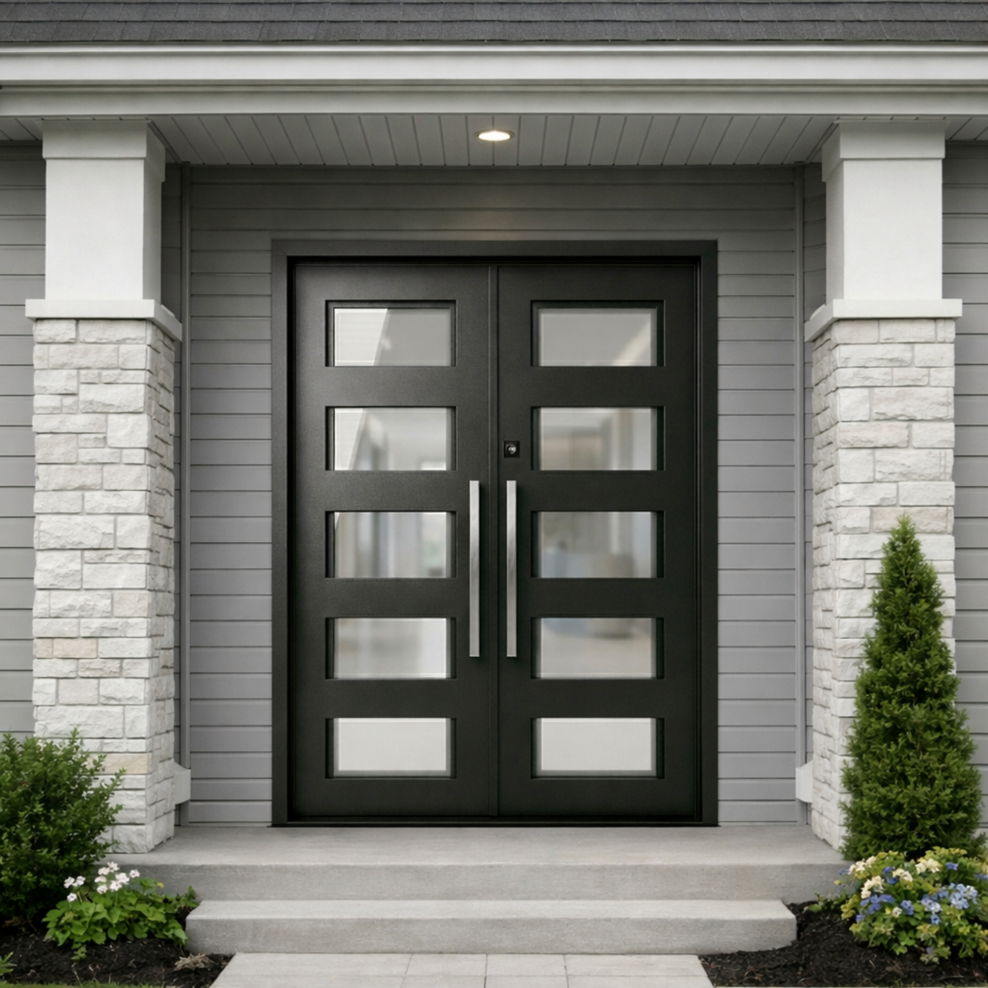 Modern black double door entrance to a house with stone columns and greenery.