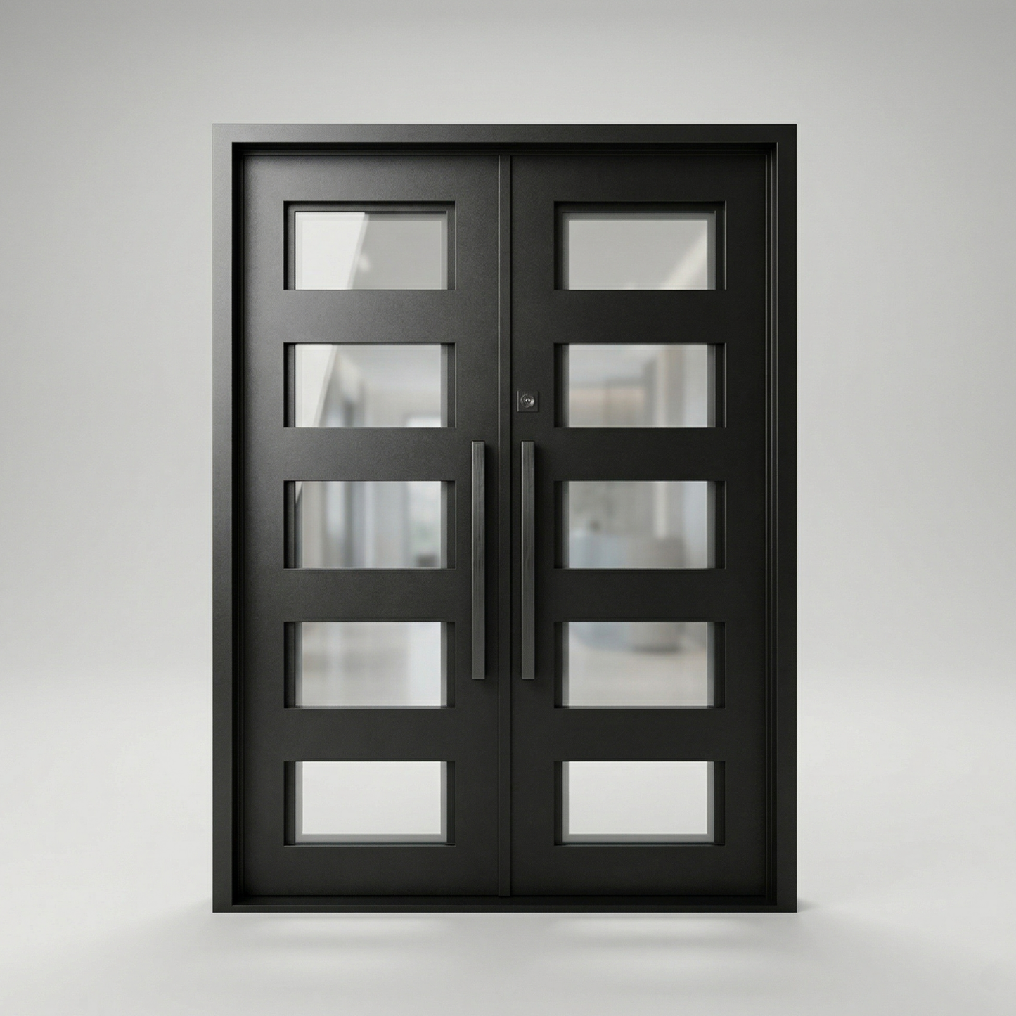 Black double door with glass panels on a gray background