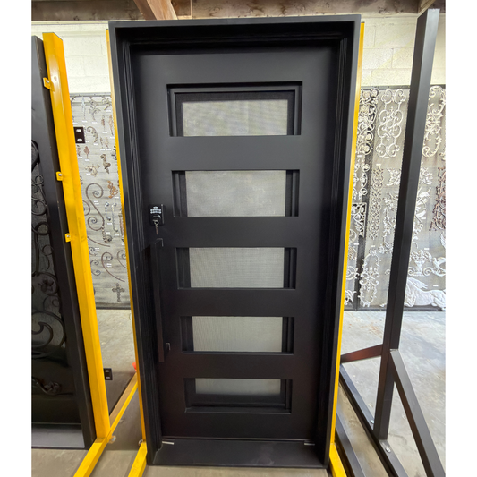 Black exterior door with glass panels on a white background