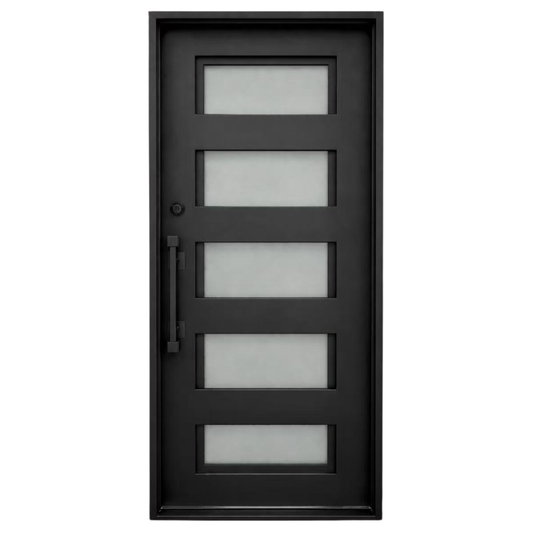 Black exterior door with glass panels on a white background