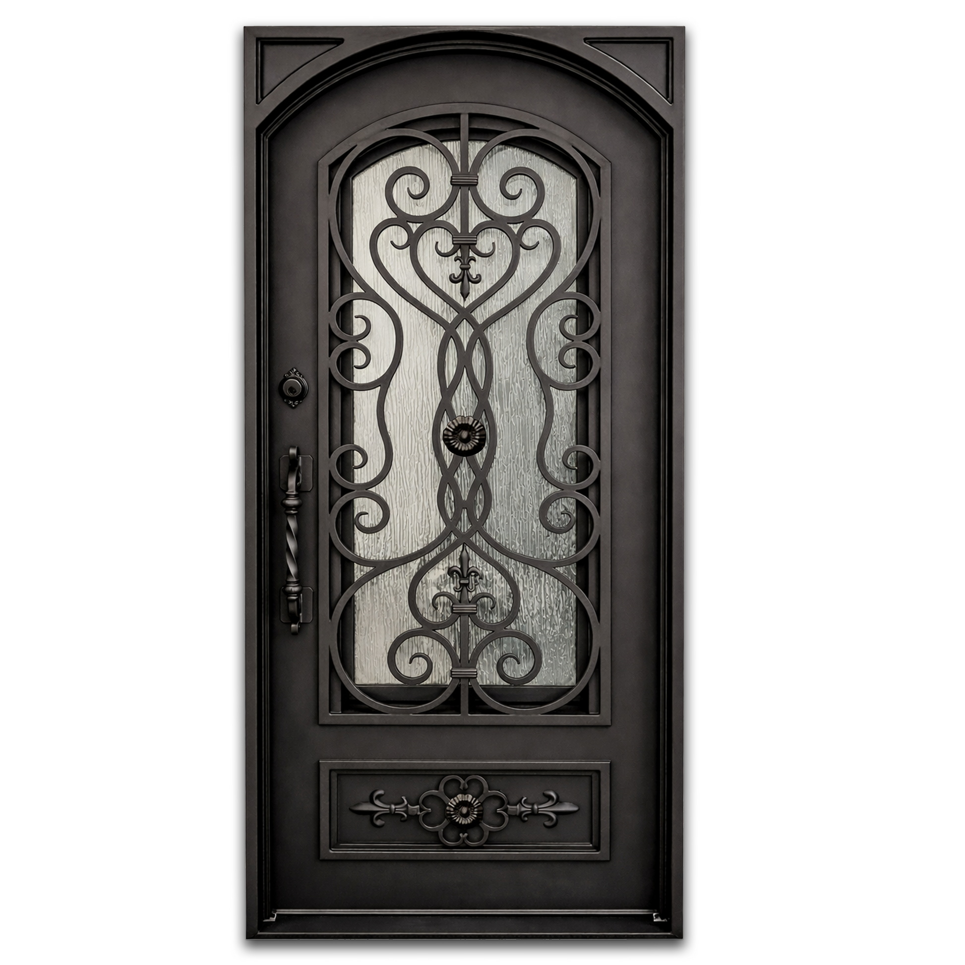 Decorative black wrought iron door with intricate designs on a white background